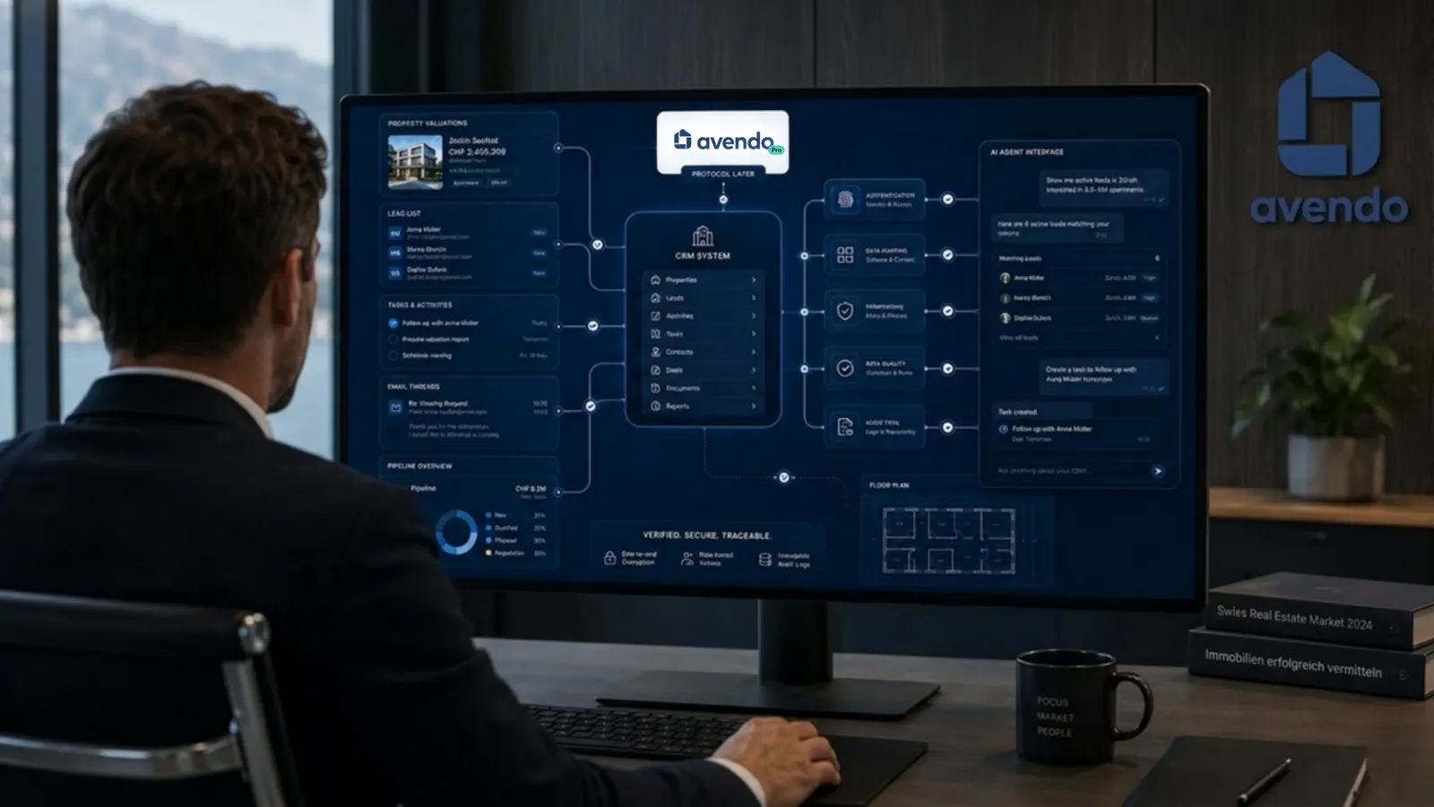 Makler am Schreibtisch vor Monitor mit avendo-MCP-Architektur: CRM, Leads, Pipeline und KI-Agenten-Interface vernetzt.